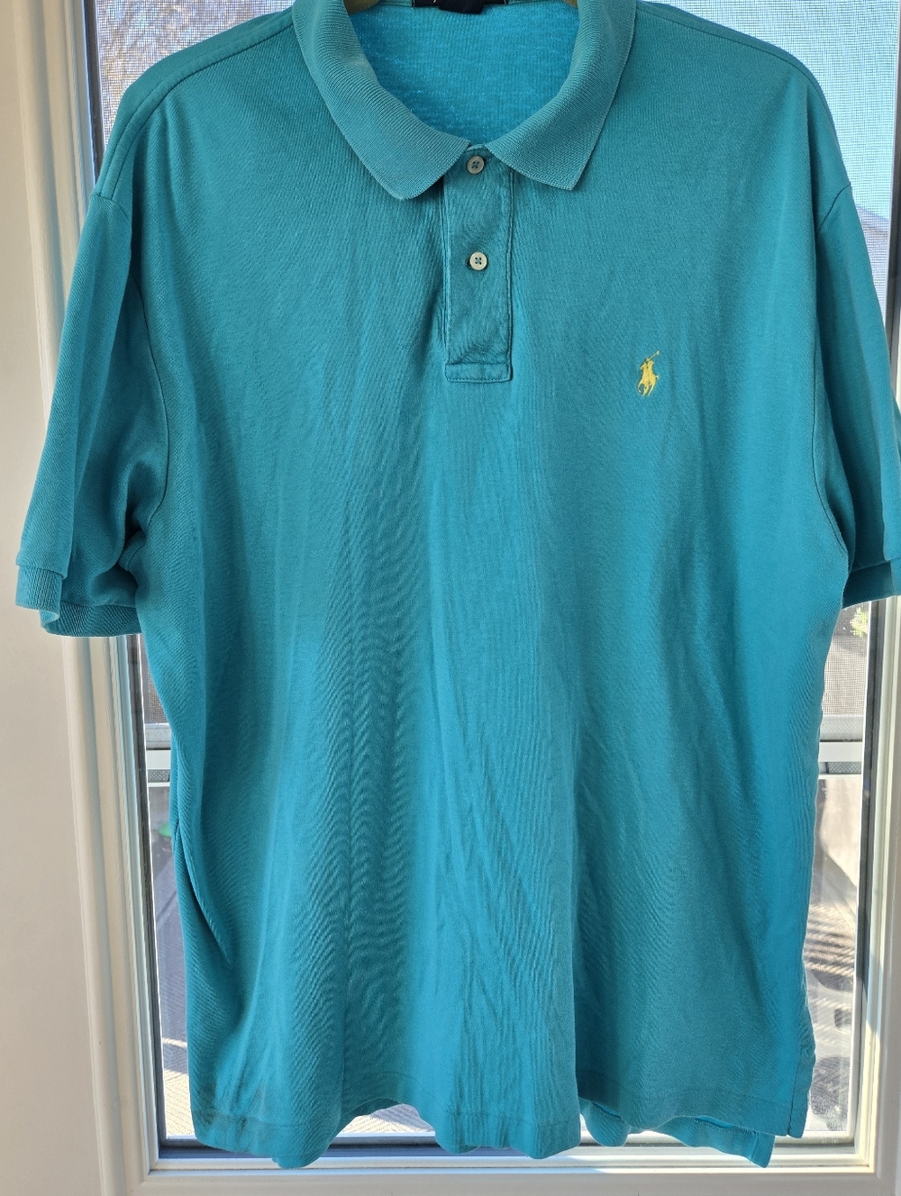 VTG Polo by Ralph Lauren Teal Short-Sleeve Polo with Yellow Pony Men's XL Cotton